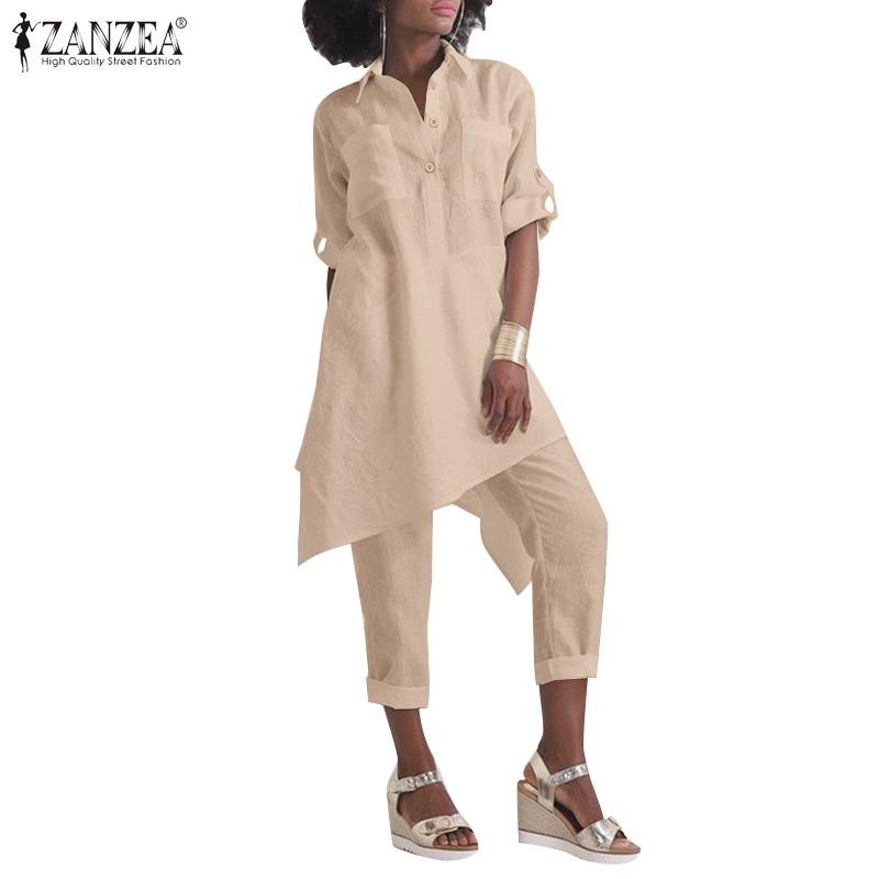 Zanzea 女士歐式復古實心棉 2 件套休閒不對稱下擺鈕扣上衣 + 闊腿褲