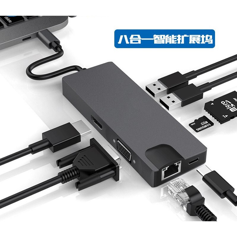 Type-C筆電 八合一轉換器 筆電轉接頭 Type-C轉網口RJ45 HDMI USB 3.0 VGA SD讀卡器