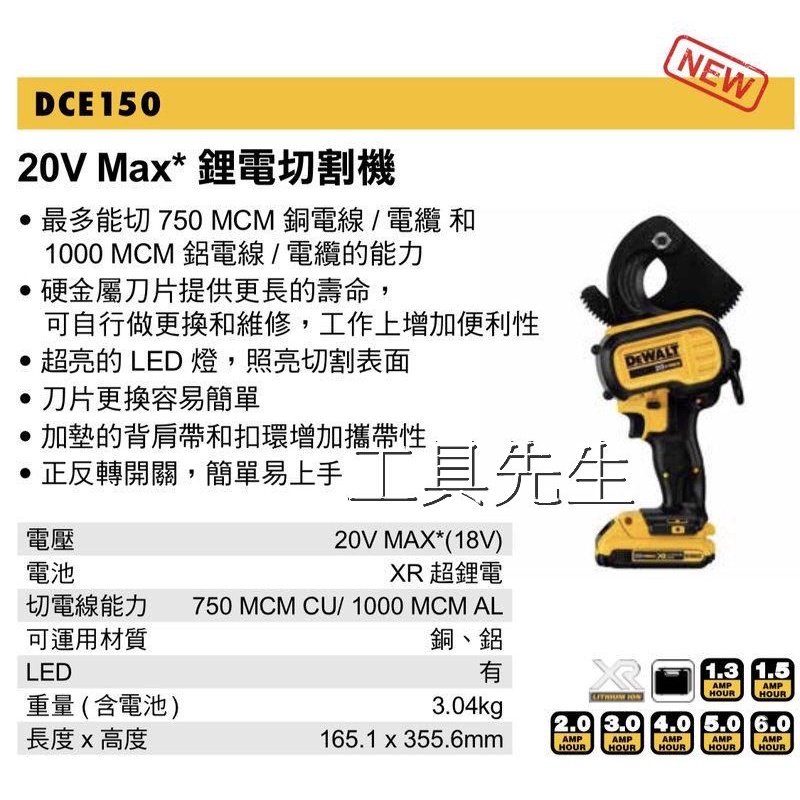 含稅價【工具先生】美國得偉 DEWALT 18/20V Max 18V充電式電線切割機 單2.0AH DCE150D1