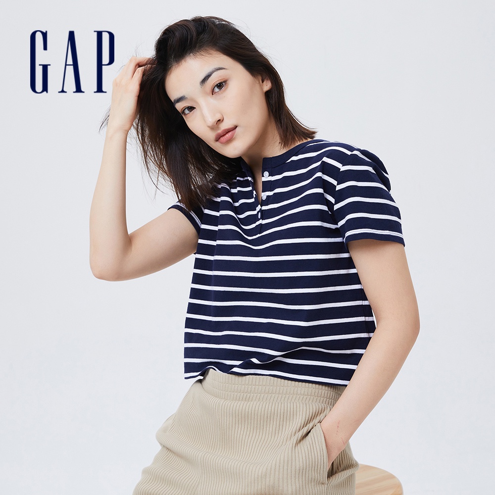 Gap 女裝 亨利領短版短袖T恤 厚磅密織親膚系列-海軍藍條紋(810785)