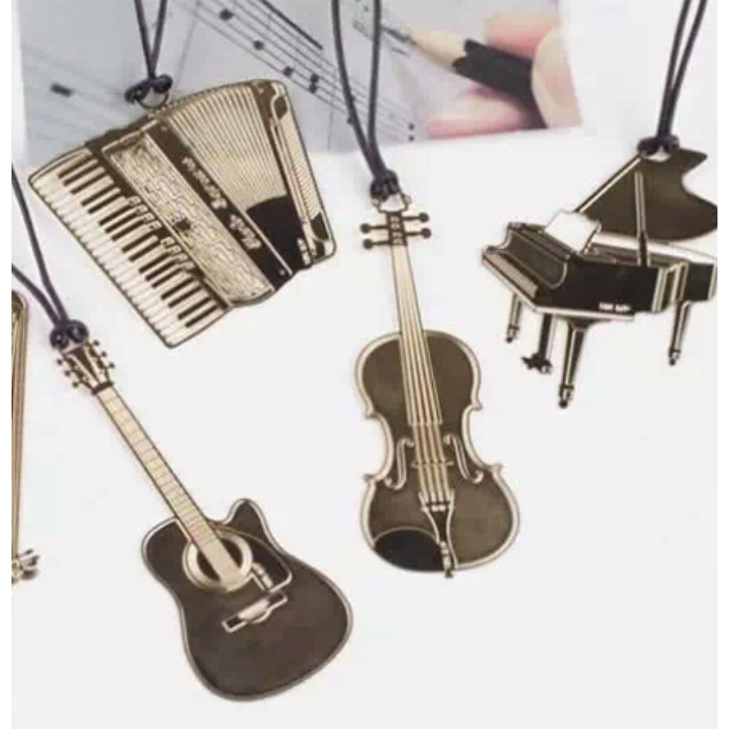 🐠韓國創意樂器金屬書籤 歐洲樂器鍍金皮繩書籤 不繡鋼復古便籤書夾