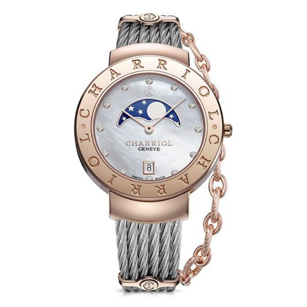 CHARRIOL夏利豪 ST35CP560010 真鑽玫瑰金月象盈虧優雅鋼索腕錶 / 珍珠母貝面 35mm