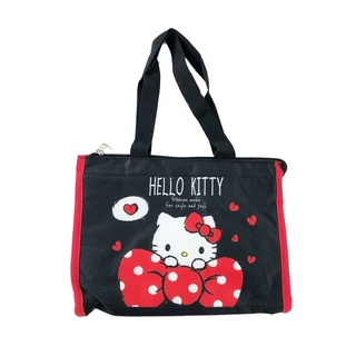 【現貨】小禮堂 Hello Kitty 方形尼龍保冷便當袋 (黑蝴蝶結款)