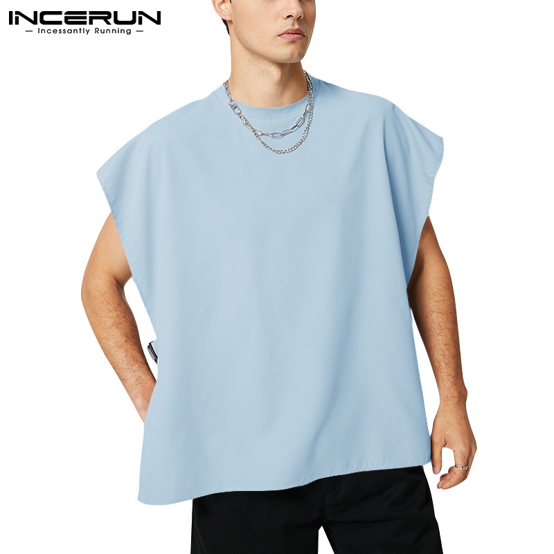 Incerun Men3 色時尚圓領無袖純色寬鬆襯衫