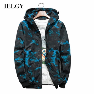 IELGY 男裝連帽長袖拉鍊外套韓版迷彩黑色時尚休閒