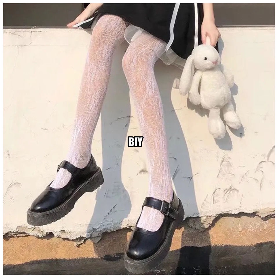 日系jk風白色性感絲襪女薄款連腳打底褲襪花朵黑色絲襪少女襪 -kitty