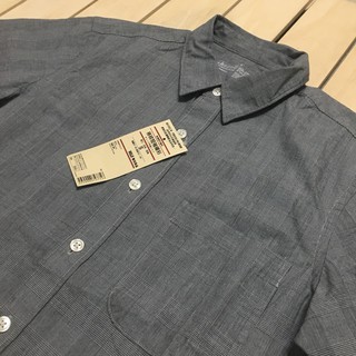 無印良品 MUJI 格紋短袖襯衫 有機棉平織布 灰色、煙燻藍