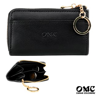 【OMC】義大利植鞣革L型拉鍊牛皮卡片鑰匙零錢包(黑色)