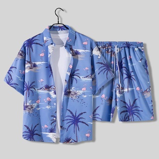 寬鬆休閒套裝中褲男士情侶旅行度假裝夏威夷沙灘褲短袖花襯衫