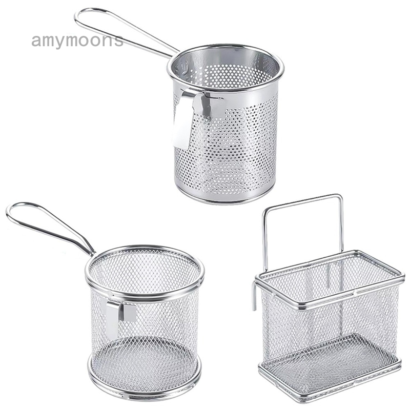 Amymoons Delaman Fry Baskets 迷你圓形不銹鋼炸薯條網炸鍋籃,帶杯子、烹飪工具(尺寸:2 套)