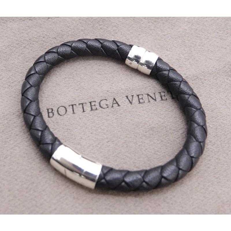 BOTTEGA VENETA 編織 925銀 牛皮 黑 M  義大利製 手環