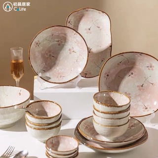 「快速出貨」小清新櫻花陶瓷盤子 日式碗盤組 米飯碗 高質感湯碗 麵碗 魚盤 方盤 平盤 露營餐具