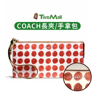 COACH 拉鍊長夾 皮夾 防刮皮革 白底紅點