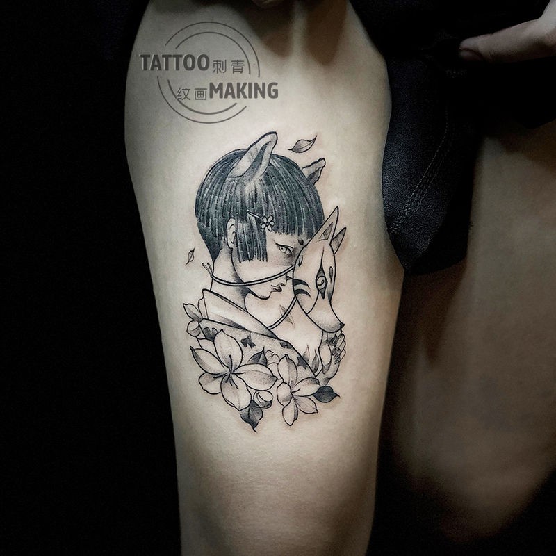 Wish 一份兩張 紋身貼日式藝伎面具女花卉防水持久暗黑系男大腿仿真 蝦皮購物