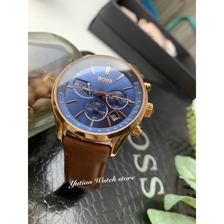 Hugo Boss 德式競速計時腕錶-玫瑰金藍x棕色＿新款（預購款）