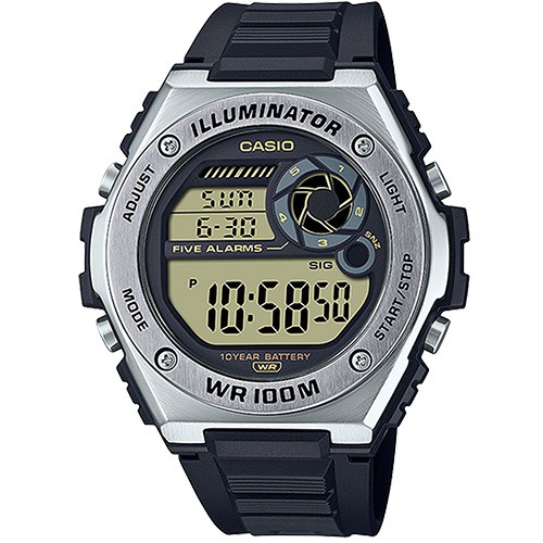 【CASIO】重工業風金屬錶圈膠帶電子錶-銀框X黃面(MWD-100H-9A)