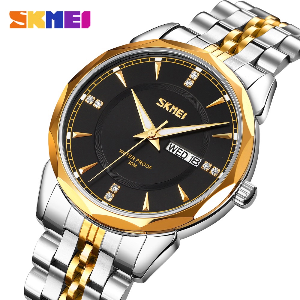 Skmei 頂級奢侈品牌男士手錶金色不銹鋼休閒手錶防水日曆周顯示模擬石英手錶