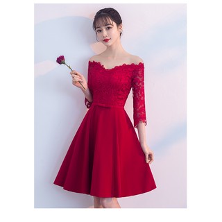 一字肩酒紅色小禮服2018新款夏季韓版顯瘦新娘結婚敬酒服時尚短款 X0525