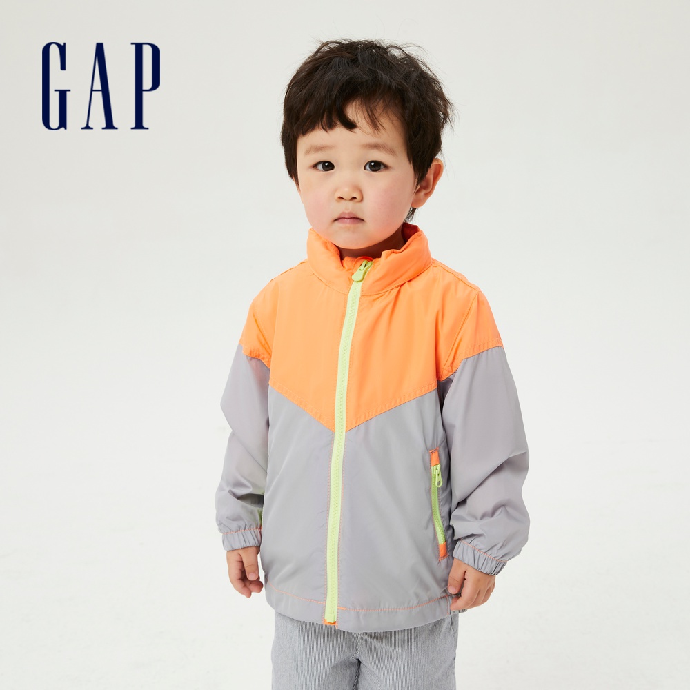 Gap 男幼童裝 活力撞色防曬隱藏式連帽外套-橙色拼接(681575)