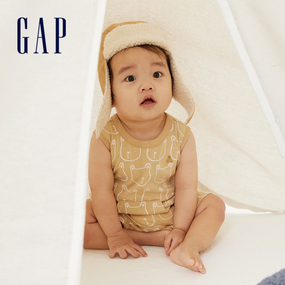 Gap 嬰兒裝 柔軟小熊刺繡無袖包屁衣 布萊納系列-卡其色(822426)