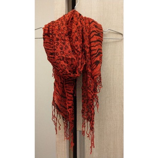 紅色 豹紋 流蘇 圍巾