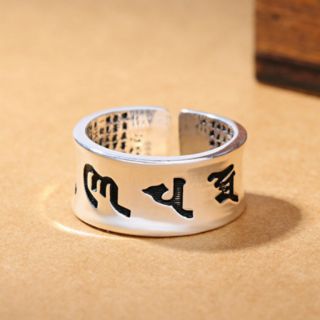 S925純銀戒指六字真言內般若波羅蜜多心經超精細做工字型清晰可調式適用於任何戒圍 含擦拭銀布