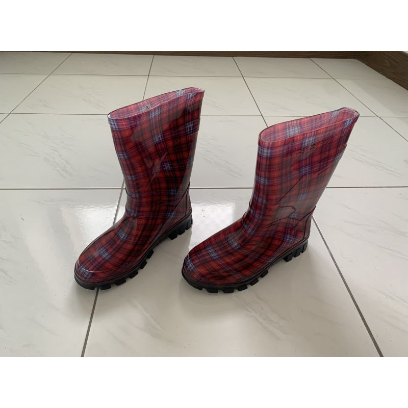 日日新189 雨鞋 紅格子 塑膠雨鞋 耐油 防滑 適合工地/登山
