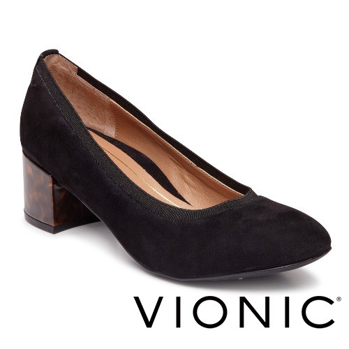 【VIONIC 法歐尼】Natalie娜塔莉 質感琥珀紋粗跟高跟鞋(黑 共一色)