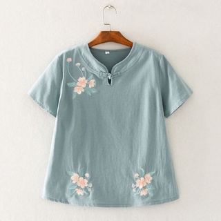 短袖 純棉刺繡花盤扣領復古寬松上衣女短袖夏裝民族風顯瘦小衫夏季t恤