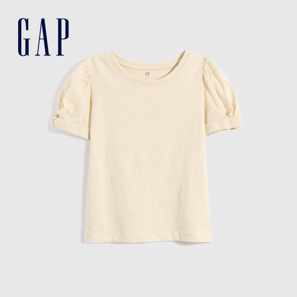 Gap 女童裝 純棉輕薄泡泡短袖T恤-米白色(785664)