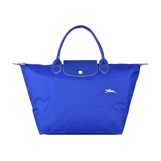 LONGCHAMP COLLECTION刺繡LOGO尼龍摺疊短把拉鍊手提包(中/藍x白)