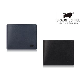 【寧寧精品】台中30年皮件店 BRAUN BUFFEL 德國小金牛十字紋男短夾 黑/藍 BF347-316-1 男短夾區