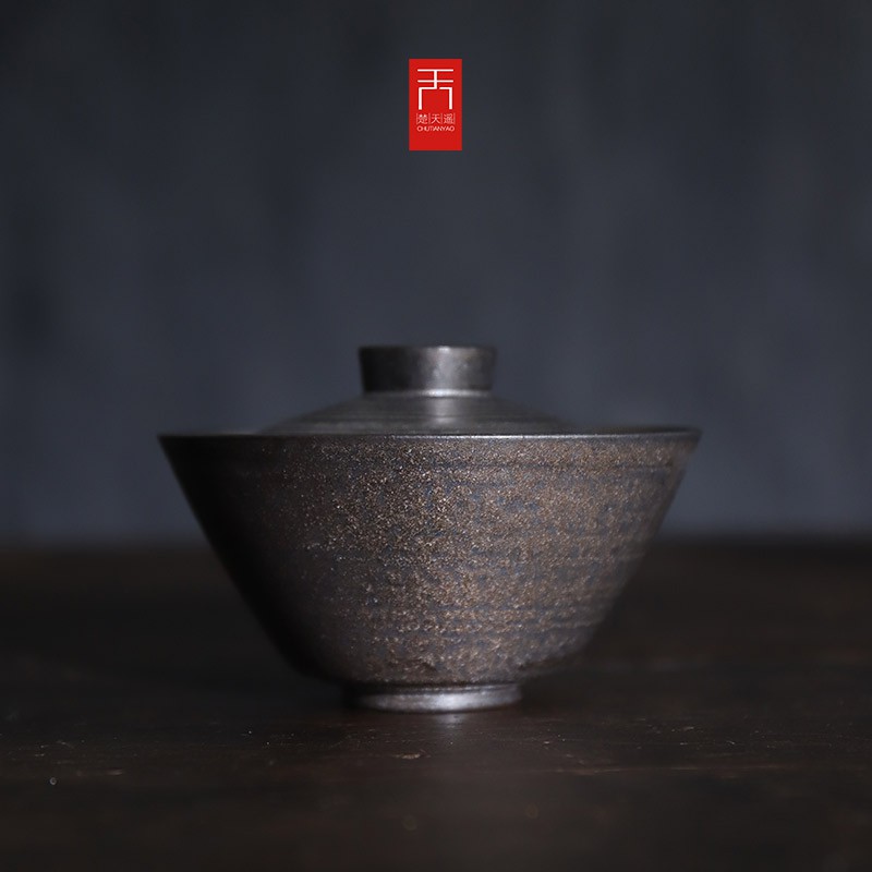 景德鎮純手工粗陶鎏金復古日式金屬釉三才蓋碗薄胎灑金釉茶具