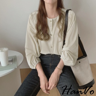 【HanVo】復古文藝感簡約圓領襯衫 優雅排扣長袖襯衫 韓系百搭顯瘦修身上衣 韓國女裝 女生衣著 A02-1637