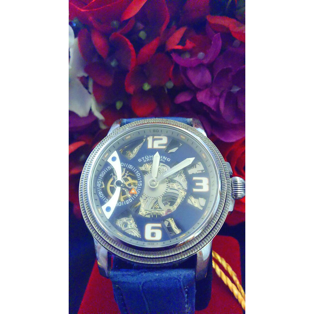 Stuhrling Original 斯圖靈 時尚鏤空手動上鍊機械錶-藍錶帶/45mm