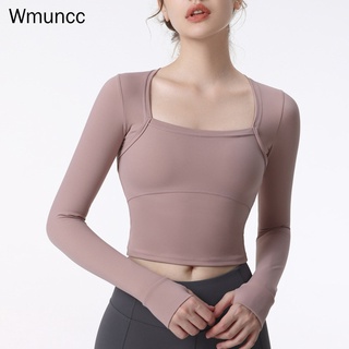 Wmuncc 瑜伽襯衫女士運動作物上衣長袖帶胸墊訓練跑步透氣速乾健身房 T 卹