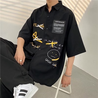 日本時尚休閒男士夏威夷襯衫印花字母中性大碼寬鬆舒適夏季襯衫
