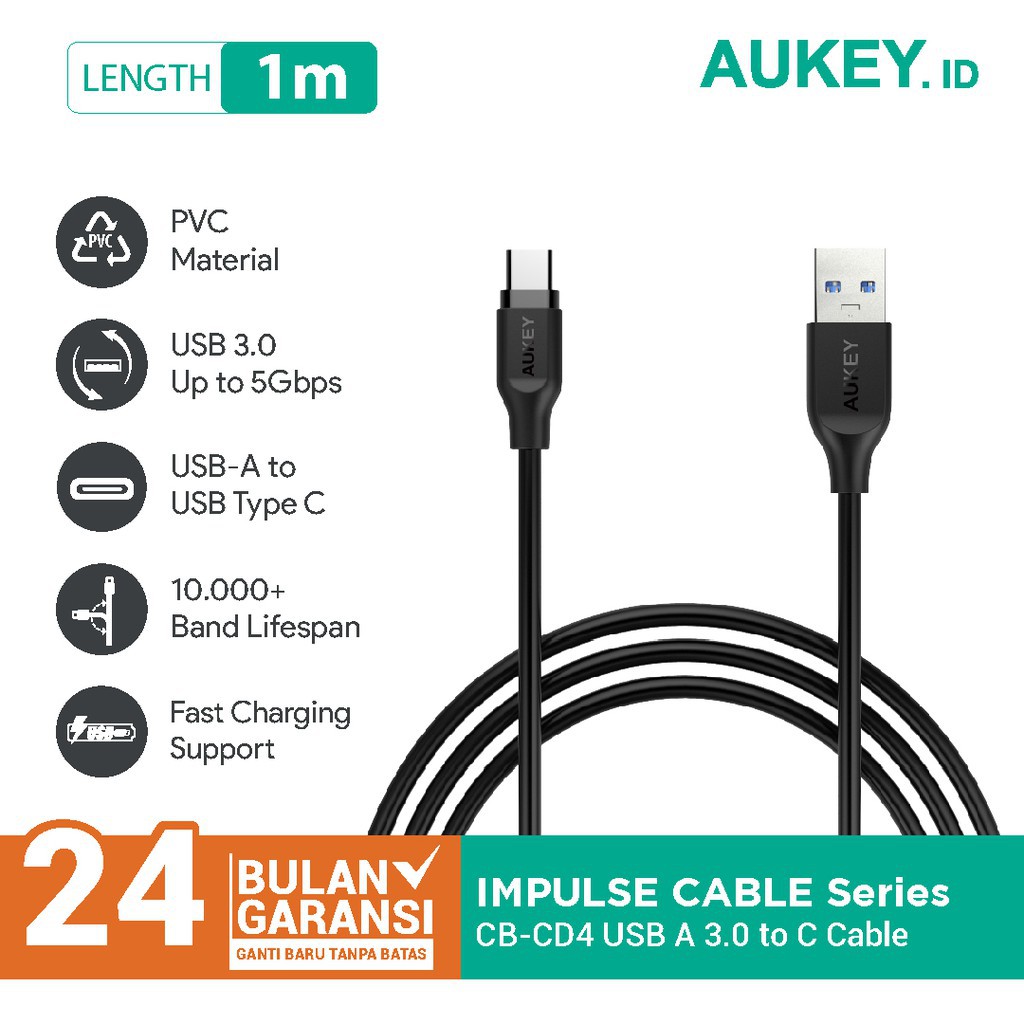 1m PVC USB 3.0 Type-C Aukey CB-CD4 充電線 500199