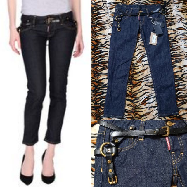 D2 Dsquared2 Jeans 牛仔褲 皮帶造型 金釦 金色電繡 深藍 窄版 修身 九分褲 保證 全新 正品
