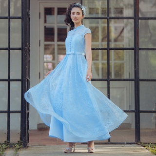 【OMUSES】蕾絲刺繡藍色旗袍長禮服7-2113