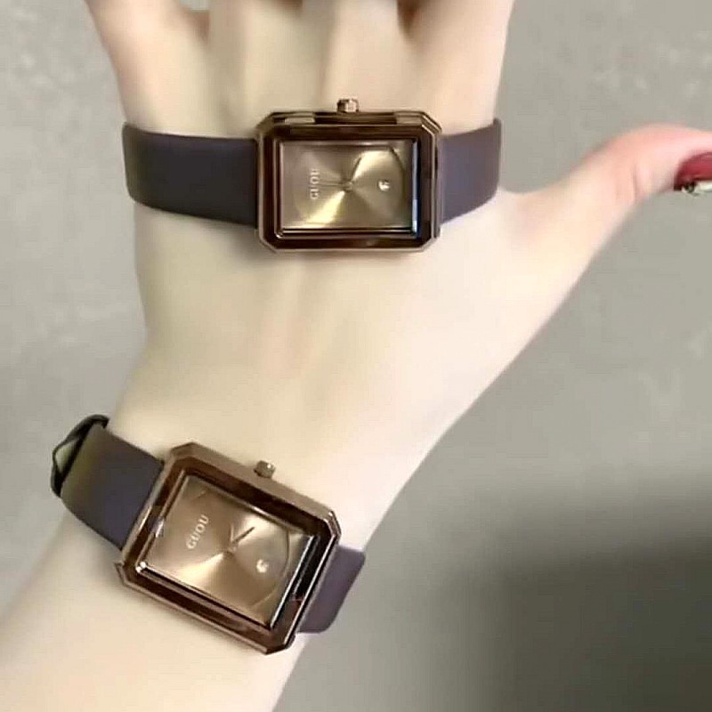 GUOU古歐女士手錶  小方形時尚復古潮流新款真皮帶日曆簡約女表