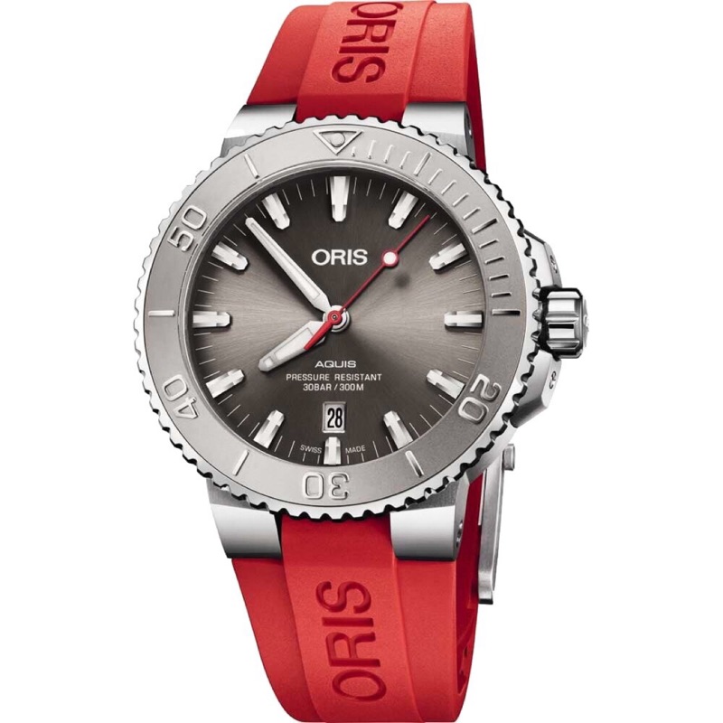 ［99.99成新］［已客訂］ORIS  Aquis Relief 機械錶 43.5mm 紅錶帶灰錶徑