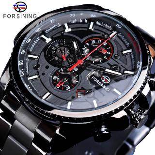 Forsining 男士機械自動手錶三錶盤不銹鋼豪華頂級品牌 Sport Jam tangan lelaki