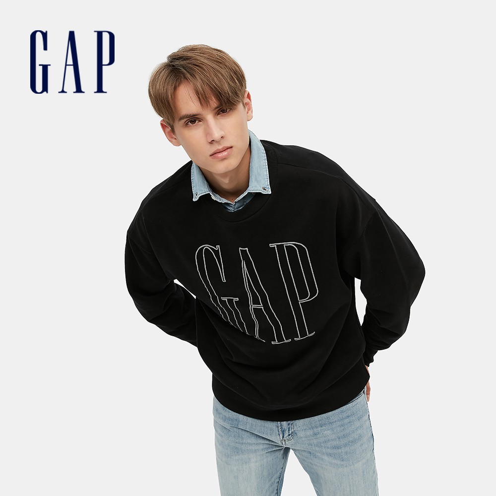Gap 男裝 Logo刷毛大學T 碳素軟磨系列-黑色(656143)