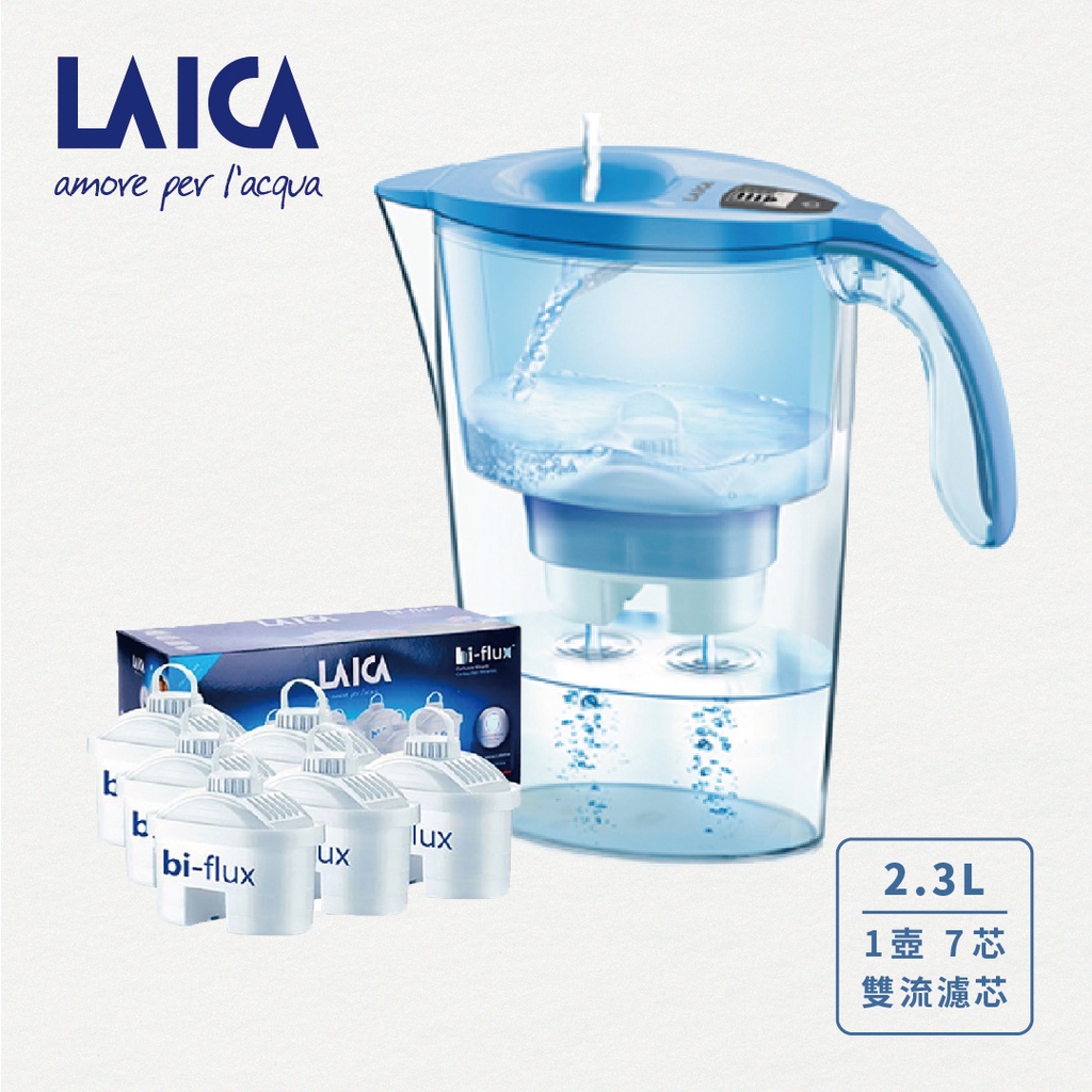 【LAICA】萊卡 義大利原裝進口 高效雙流濾水壺 (1壺7芯) 水湛藍