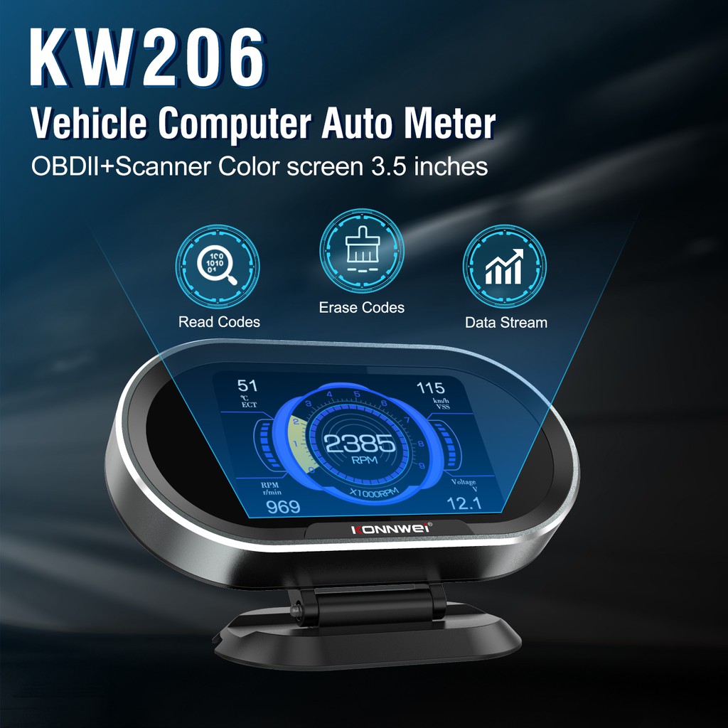 Konnwei KW206 汽車 OBD2 Gauge 抬頭顯示器萬用表 HUD 儀表數字汽車報警器發動機 RPM 油溫
