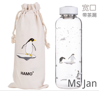 附送同款杯袋！韓版小清新企鵝玻璃水杯 水壺 水杯 大容量隨行杯 冷水杯 運動水杯 咖啡杯 環保杯 交換禮物