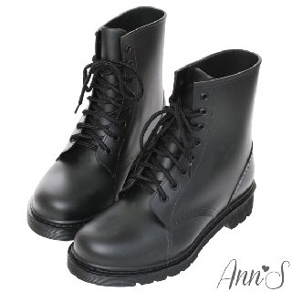 Ann’S腳不濕-馬丁造型綁帶百搭短筒雨靴-黑