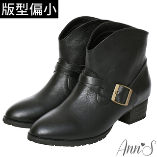 Ann’S美式風格-古銅釦V口顯瘦牛皮全真皮粗跟西部短靴4cm-黑(版型偏小)