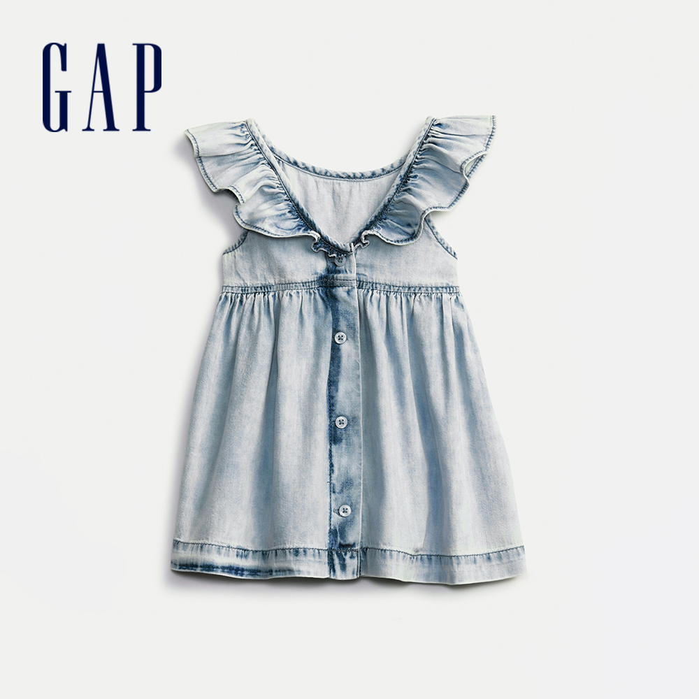 Gap 嬰兒裝 可愛荷葉邊牛仔洋裝-水洗藍(681721)
